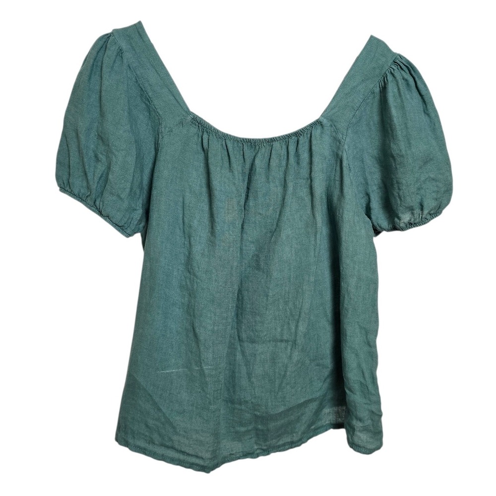 Bellambra Linen Peasant Blouse Puff Sleeve Elastic Neck Size L Blue Womens Italy